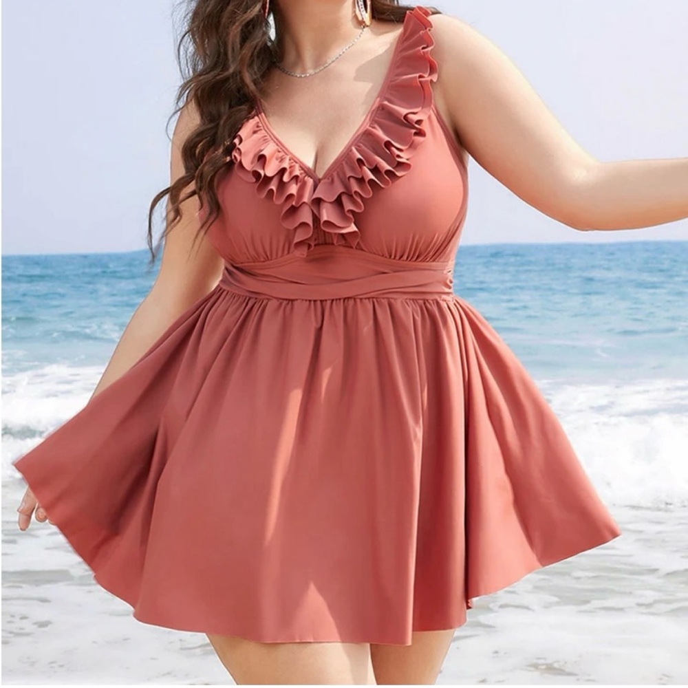 Lovely Terra Cotta Swim Dress with adjustable Ruffled Straps